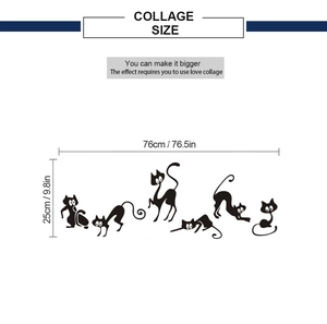 Detailed dimension guide for black cat wall decals showing the 76cm by 25cm collage size