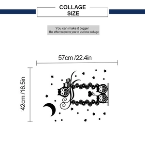 Detailed dimension chart showing owl wall decal collage size 57cm by 42cm for home decor