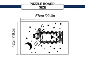 Detailed size guide for owl puzzle board showing 57x42cm dimensions in inches