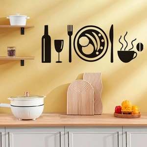 Minimalist black kitchen wall stickers featuring wine bottle and cutlery for dining room decor