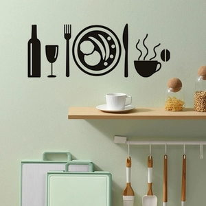 Minimalist black kitchen wall stickers featuring cutlery, wine glasses and coffee icons