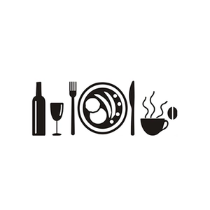 Minimalist black silhouette wall stickers featuring cutlery, wine bottle and coffee cup icons