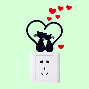 Cute cartoon couple cats silhouette wall sticker with red hearts for light switch decor
