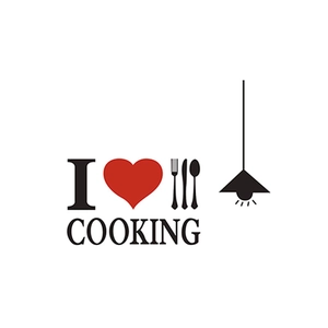 Minimalist DIY wall sticker with black letters I COOKING and red heart for kitchen decor