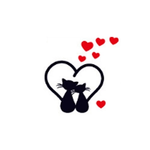 Cartoon couple cats wall sticker with red hearts creating a romantic heart silhouette