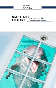 Detail view of 3D pink dolphin bathroom floor stickers with waterproof blue ocean pattern