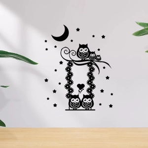 Cartoon Owl Family Swing Wall Sticker PVC Self Adhesive Black Silhouette Moon Stars Decor For Kids Bedroom Reading Corner