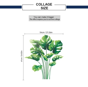 Detail view showing dimensions of green Monstera leaf wall decal for home decoration