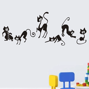 Set of 6 black cartoon cat wall decals with playful silhouettes for home decoration