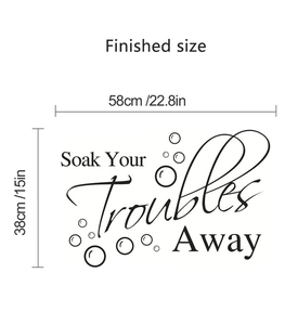 Detailed dimension map for Bathroom Rules wall sticker showing 58cm x 38cm finished size