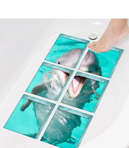 Detail showing a 6-piece 3D dolphin floor sticker set for bathtub and bathroom decor