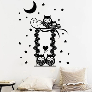 Black owl family on swing wall decal with moon and stars for bedroom wall decor