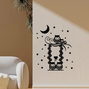 Cartoon owl family wall sticker with moon and stars for living room and bedroom decor