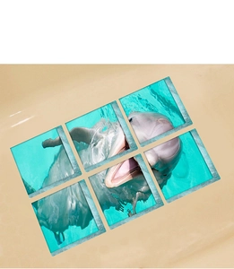 Detailed waterproof 3D dolphin bathtub sticker showing 6 pieces joined on a smooth bathroom wall