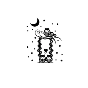Cartoon owl family wall sticker with stars and moon in minimalist black and white design