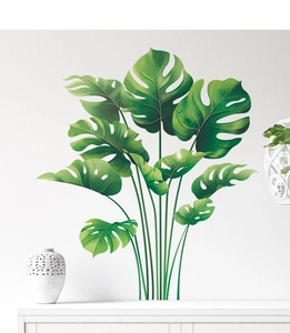 Detail of tropical monstera leaf wall decal with natural green gradient on white wall