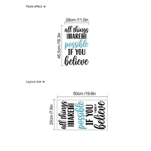 Dimensions détaillées du sticker mural et mise en page avec citation inspirante et étoiles
