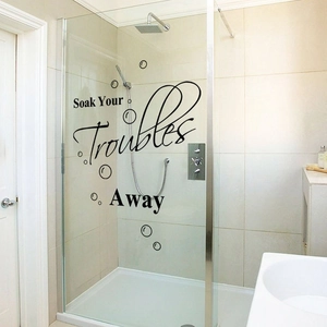 Black Bathroom Rules wall decal with Soak Your Troubles Away text and bubble patterns