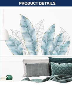 Detail of tropical banana leaf wall stickers with blue gradient and gold outlines