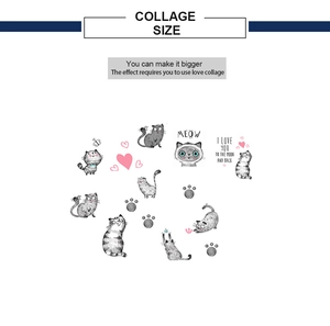 Collage of cartoon cat wall stickers featuring gray striped cats and heart motifs