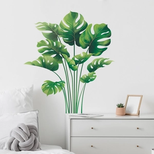 Nordic style green monstera palm leaf wall stickers for modern living room decoration
