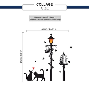 Detailed collage size dimensions for DIY black cat and street lamp PVC wall decals