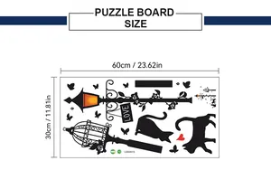 Layout and size details for black cat street light PVC wall sticker at 60x30cm size