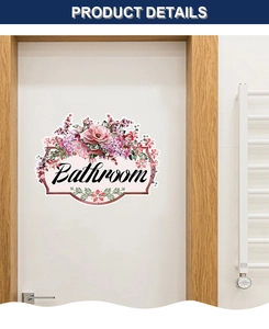 Detailed view of floral bathroom wall sticker with pink flowers on a white door