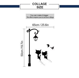 Guía de tallas para vinilo decorativo de gato negro y farola, dimensiones de 65x50 cm