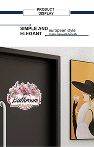Floral bathroom door wall sticker with elegant purple flowers and handwritten font