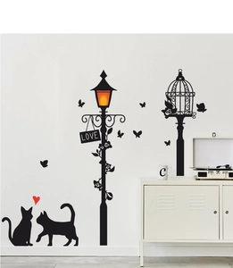 Detail of black cat and street lamp wall stickers with LOVE sign on white background