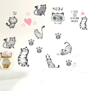 Cute cartoon cat wall stickers set with hearts and Meow text for DIY home decor