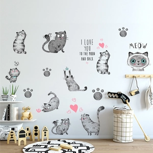 Cute cartoon cat wall stickers for kids room featuring moon and heart patterns