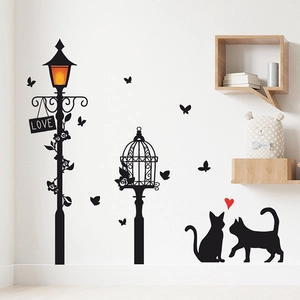 Black Cat Street Lamp Silhouette Wall Stickers PVC Removable Love Heart Butterfly Home Decor DIY Wall Decals Room Decoration