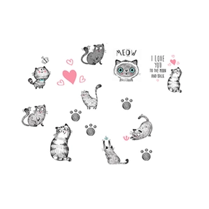 Cute cartoon gray cat wall stickers with meow letters and hearts for room decor