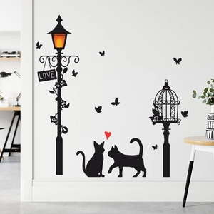 Black cat silhouette wall decal with street lamps and love sign decoration for home