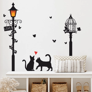 Decorative wall decal featuring black cats, a vintage street lamp, and a LOVE sign