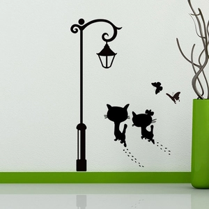 Pegatinas de pared decorativas con silueta de gato negro y farola vintage para hogar