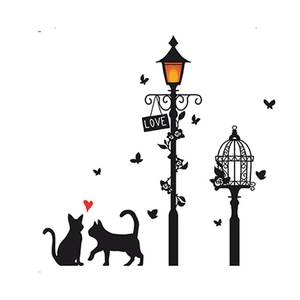 Black cat silhouette wall sticker with vintage street lamp and LOVE decorative hearts
