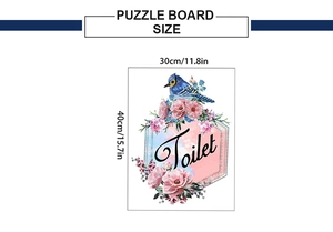 Tableau des tailles détaillé pour stickers WC avec oiseau bleu, fleurs roses et texte