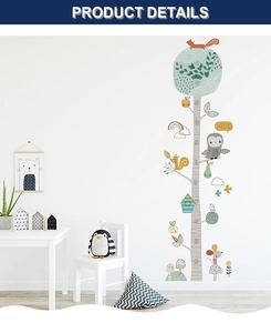 Sticker mural arbre dessin animé avec échelle de mesure hibou pour chambre d'enfant