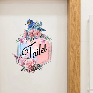 Autocollant mural floral avec oiseau bleu et texte Toilet pour déco de salle de bain