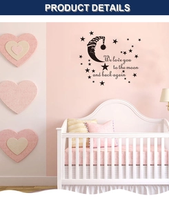 Détail des stickers muraux lune et étoiles avec citation We love you to the moon and back