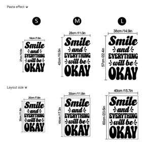 Detailed size guide for wall decals showing S, M, and L dimensions in cm and inches