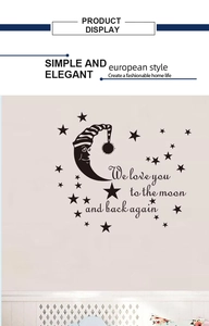 Détail du sticker mural avec phrase 'We love you to the moon' et motifs lune et étoiles