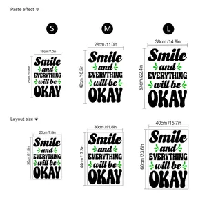 Size chart showing S, M, L layout and paste dimensions for English quote wall decals