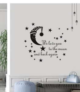 Sticker mural chambre enfant avec étoiles, lune et citation We love you to the moon and back