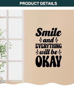 Detail of Smile and Everything will be Okay lettering wall decal in mixed typography