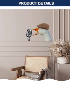 Close-up of a funny cartoon goose wall sticker wearing a hat and singing into a microphone
