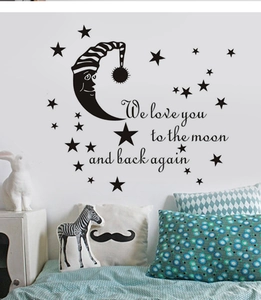 Sticker mural étoiles et lune avec texte We love you to the moon and back pour chambre